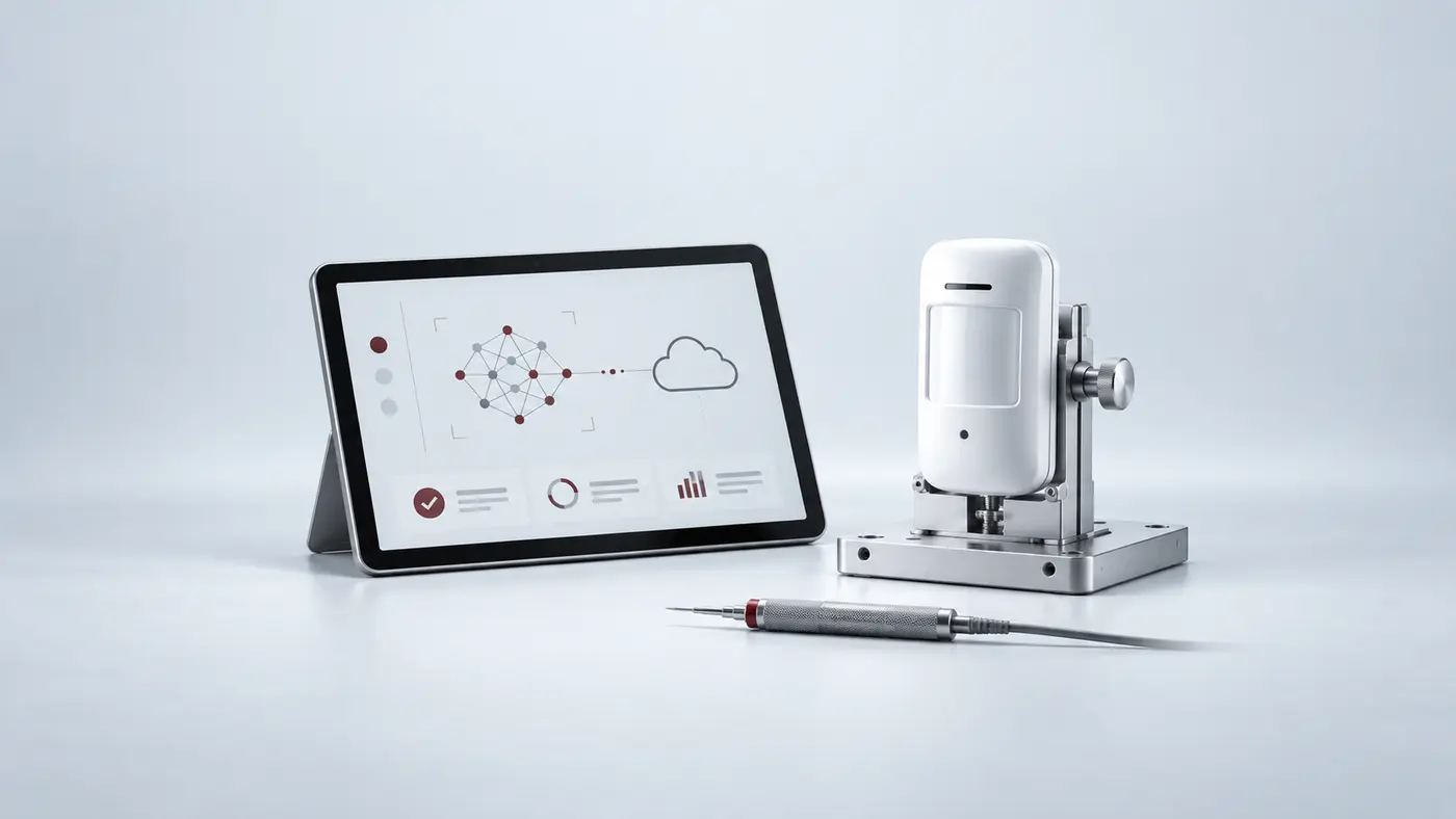 Immagine illustrativa di un sensore di allarme su banco di prova, affiancato da un tablet per i test tecnici.